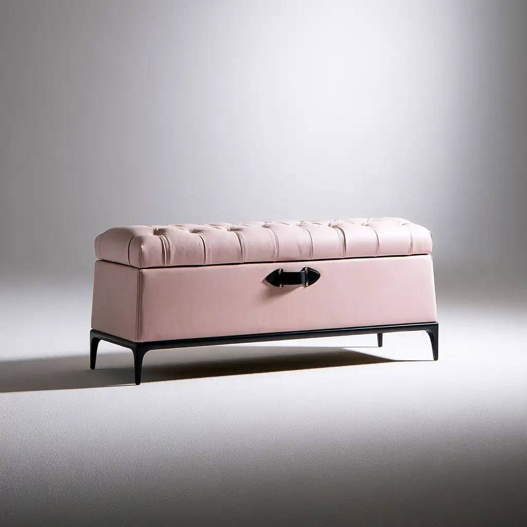 Panca contenitore rosa di Rainsoakedredwood, arredo essenziale per la casa, seduta versatile e moderna.
