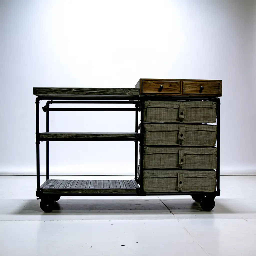 Mobile contenitore nero e grigio con cassetti e ripiani, design essenziale per la casa, marca rainsoakedredwood