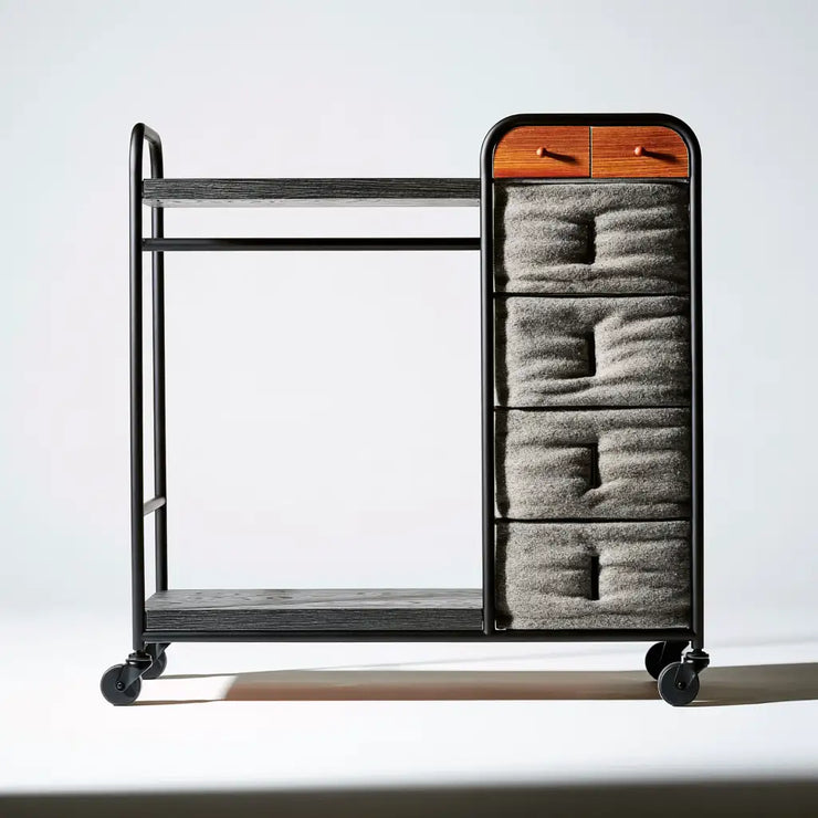 Mobile contenitore nero e grigio con cassetti e ripiani, compatto e funzionale per la casa, marca RainsoakedRedwood.