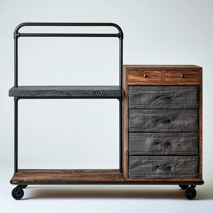 Mobile contenitore Rainsoakedredwood con cassetti e ripiani moderni, nero e grigio, ideale per l'arredamento della casa.