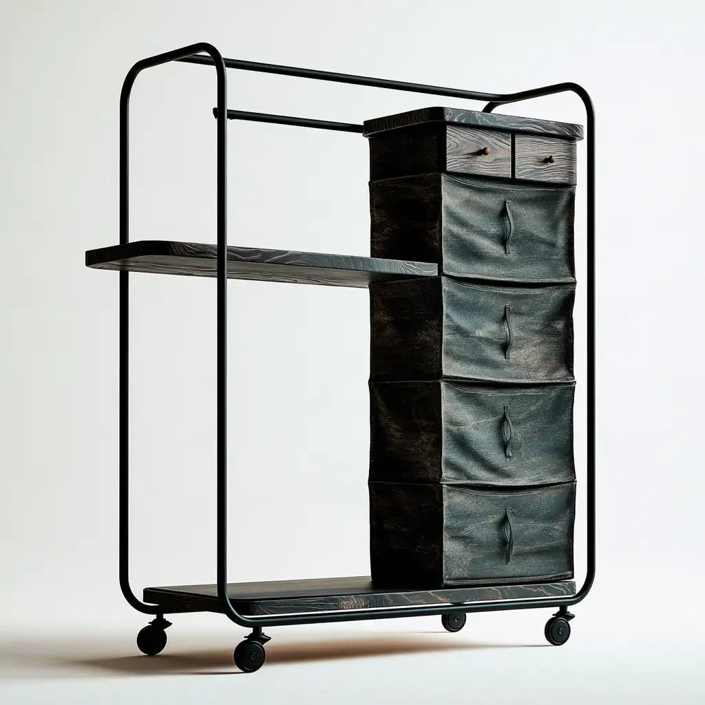 Mobile con cassetti e ripiani nero e grigio, arredamento contenitore RainsoakedRedwood, design essenziale per la casa.