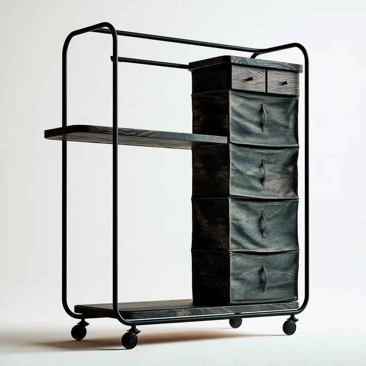 Mobile con cassetti e ripiani nero e grigio, arredamento contenitore RainsoakedRedwood, design essenziale per la casa.