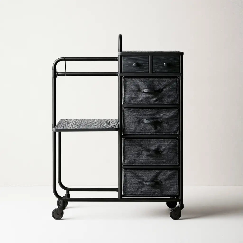 Mobile con cassetti e ripiani nero e grigio, arredamento contemporaneo RainSoakedRedwood, ideale come mobile contenitore per la casa