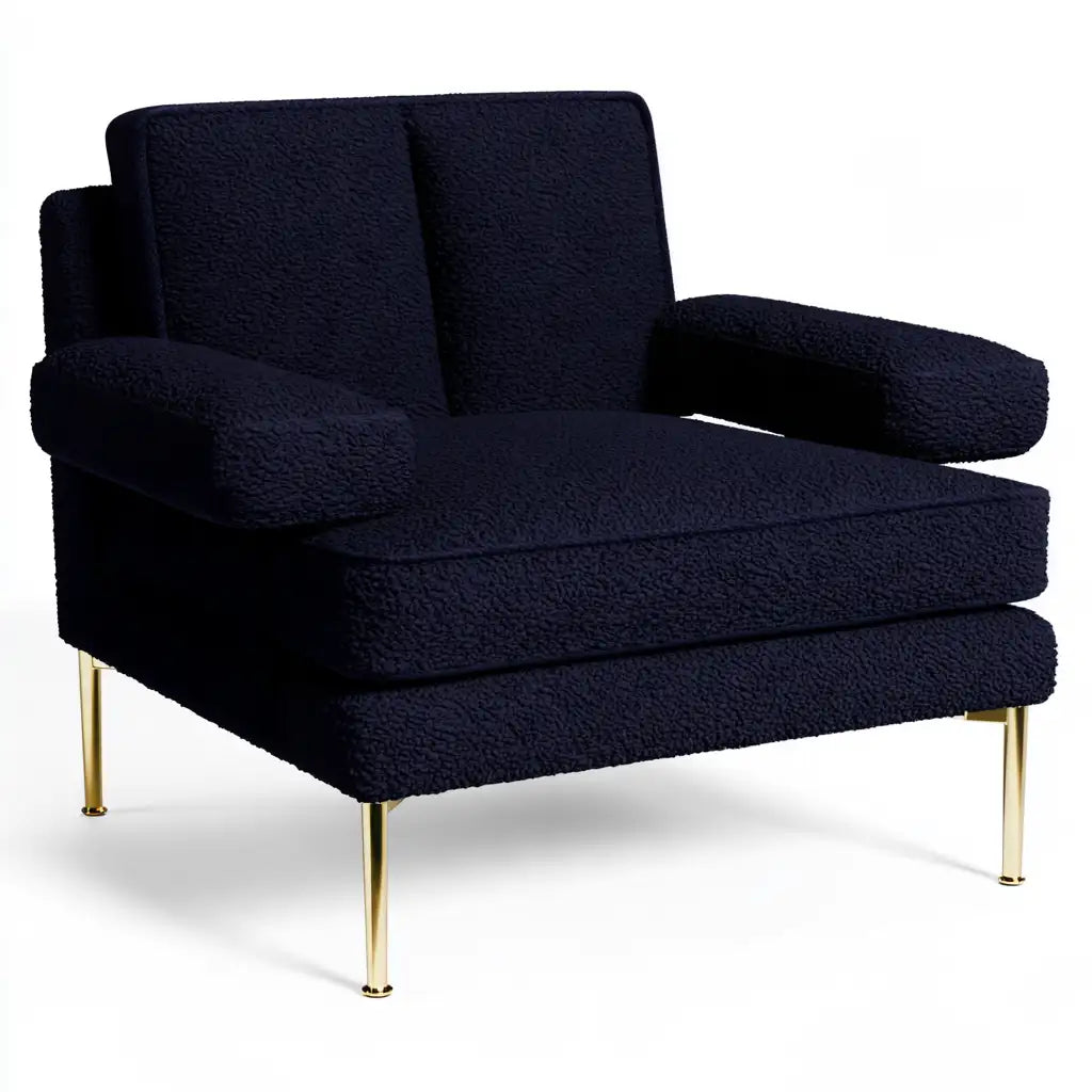 Poltrona blu in stile minimalista per la casa, seduta comoda, brand rainsoakedredwood, arredo elegante e semplice.