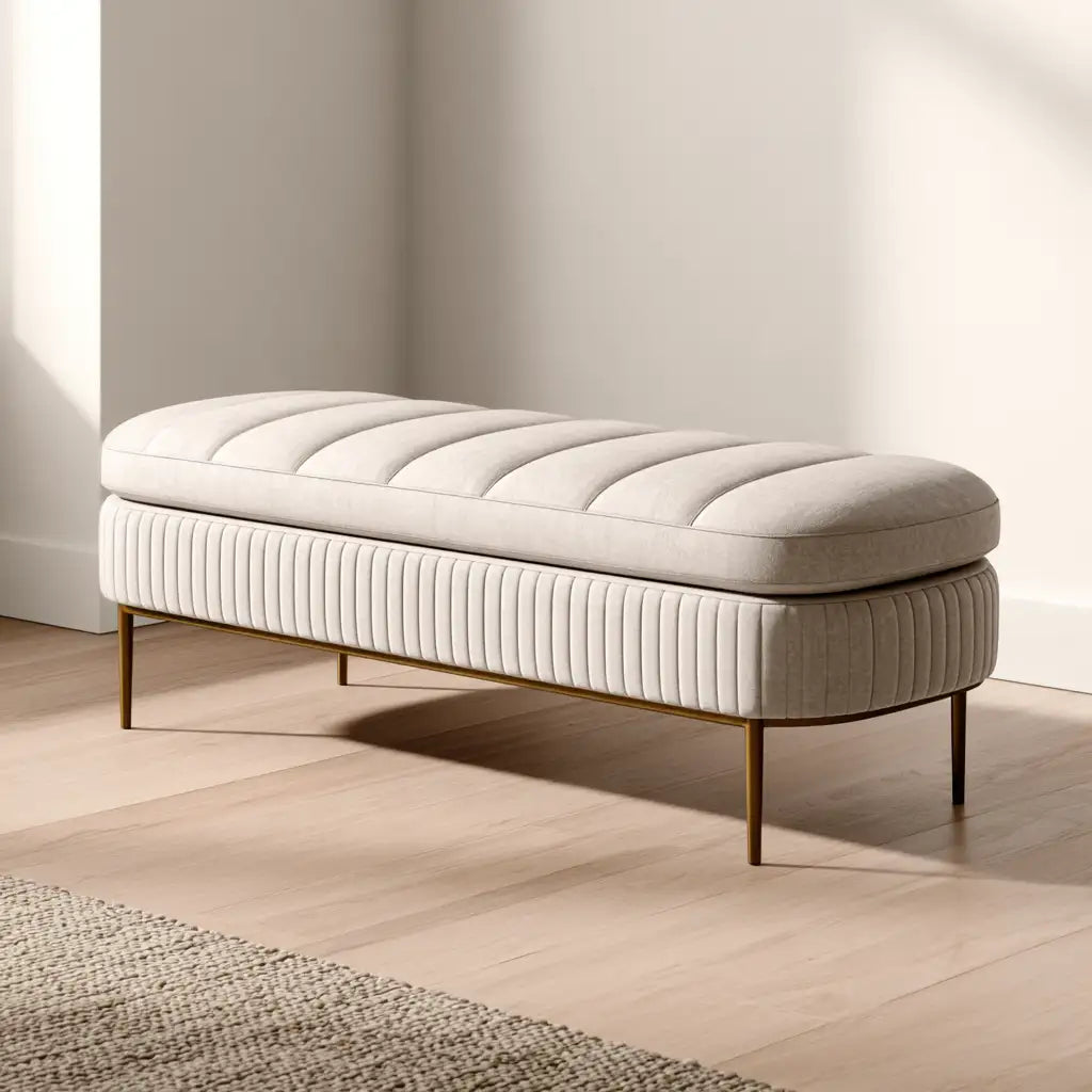Panca imbottita beige RainsoakedRedwood, design essenziale, ideale come seduta moderna per la casa.