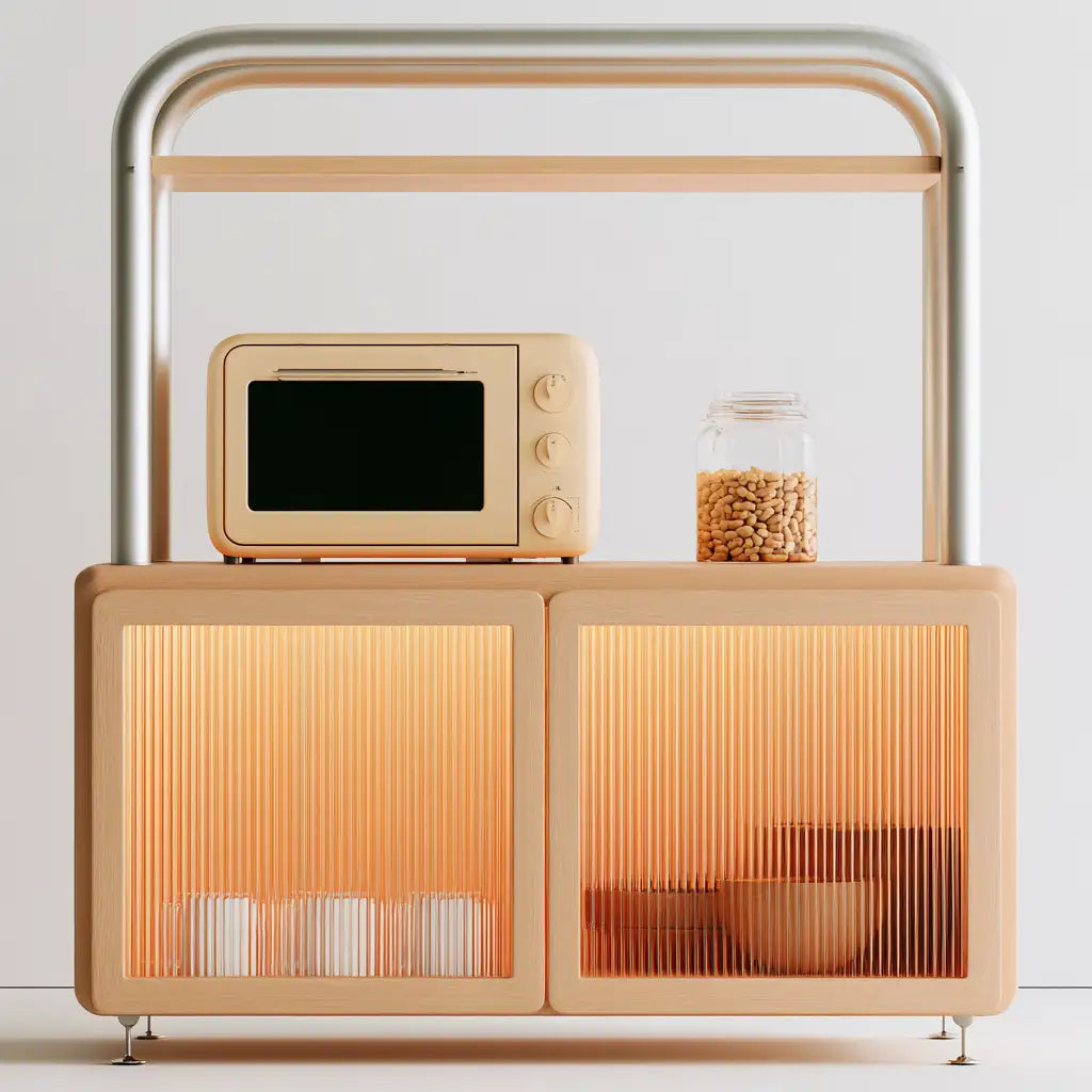 Mobile contenitore RainsoakedRedwood con ante marroni e nere, design compatto per arredo casa, mobili contenitori eleganti.